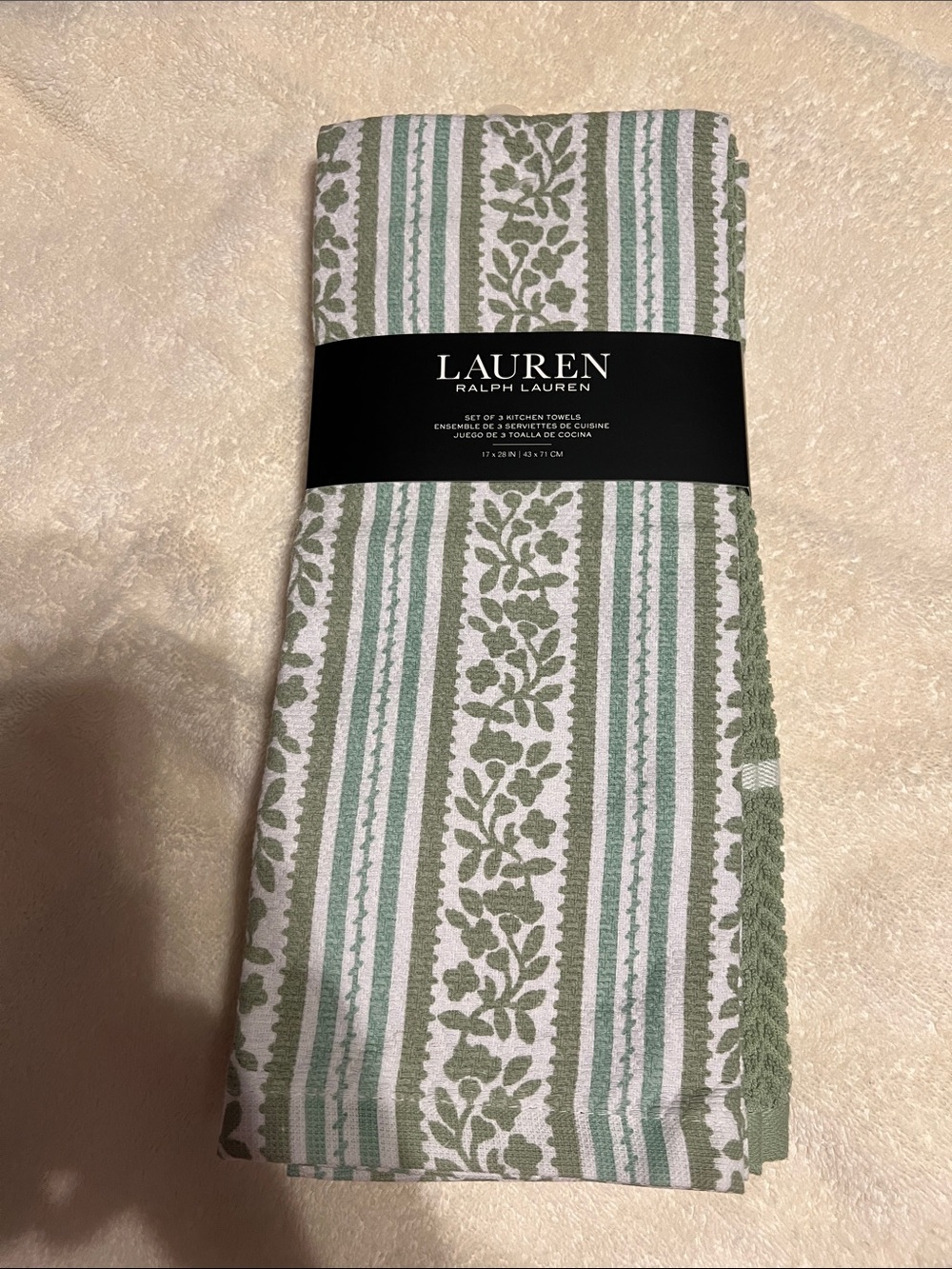 Lauren Ralph Lauren set of 3 kitchen towels floral & stripe print white,  green